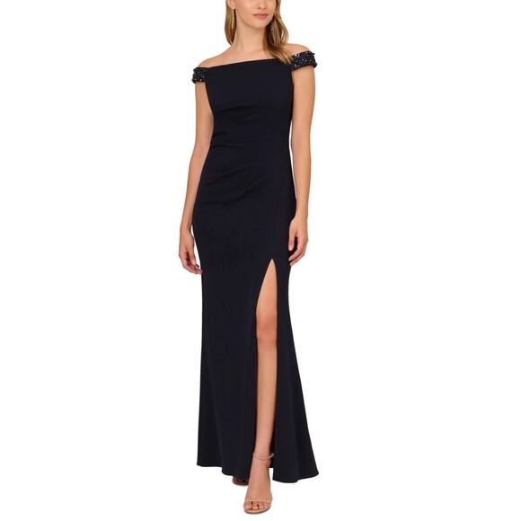 Adrianna Papell Beaded Off the Shoulder Evening Gown Blue Size 12 Thigh Slit - Picture 12 of 14